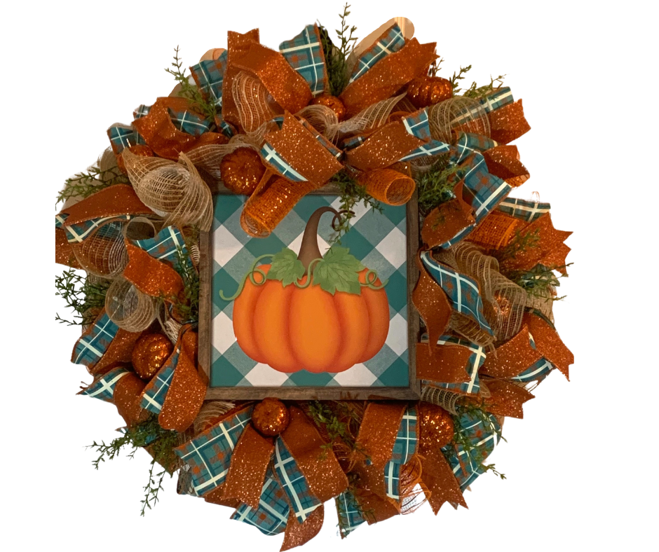 Wreath- Pumpkin w/ Teal checked